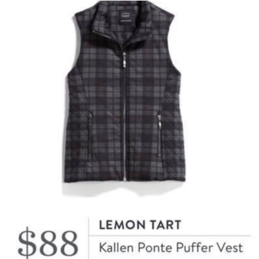 Puffer Vest Lemon Tart Small Blue Purple Quilted Zip Plaid Pockets New Womens